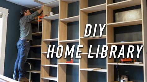 Building Custom Built-In Bookshelves Bookcase Building Plans, Build Bookshelf Wall, How To Build A Bookshelf Wall, Diy Bookcase Wall, Full Wall Bookcase, Full Wall Bookshelf, Bookshelf Build, Bookshelf Woodworking Plans, Bookshelf Dimensions