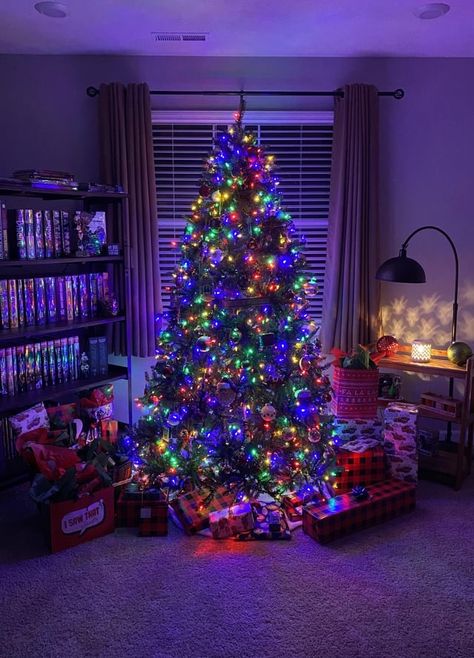 Rainbow Light Tree, Colourful Light Christmas Tree, Traditional Christmas Tree Multicolor Lights, Multi Color Christmas Decor, Coloured Lights Christmas Tree, Multi Colored Lights Christmas Tree, Christmas Aesthetic Colorful, Colourful Christmas Aesthetic, Christmas Tree Coloured Lights