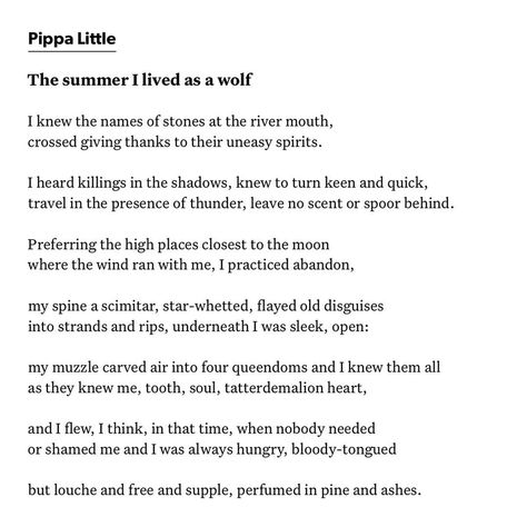 Poetry Foundation on Instagram: ““The summer I lived as a wolf” by Pippa Little in the December issue of POETRY. #poetrymagazine #poetryfoundation #quoteoftheday…” Wolf Poetry, December Poetry, River Mouth, Poetry Magazine, Poetry Foundation, Waxing Poetic, A Wolf, Poem Quotes, Give Thanks