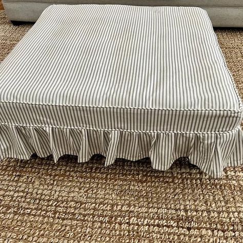 Ruffle Ottoman Covers - Etsy Slipcover For Ottoman, Diy Ottoman Cover, Skirted Ottoman, Apartment Refresh, Cottage Build, Minimal Chairs, Coastal Fabric, Linen Ottoman, Boston Apartment