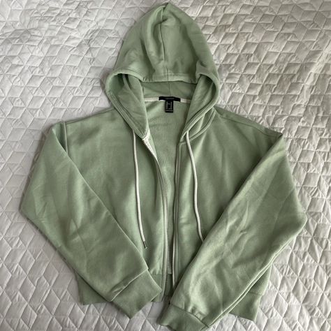 Size: M Cropped Mint Green Zip Up With Hood. Great Condition, Never Worn. Green Zip Up, Black Utility Jacket, Grey Winter Coat, Embroidered Jean Jacket, Oversized Jean Jacket, Festival Jacket, Fleece Jacket Womens, Cropped Zip Up, Crop Jean Jacket