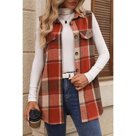 Plaid Button Up Vest Coat Chaleco Casual, Normal Body, Vest Coat, Outerwear Vest, Plaid Design, 가을 패션, Sweater Jacket, Denim Dress, Vest Jacket