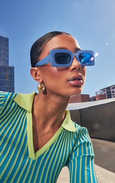 Sunglasses | Women's Sunglasses | PrettyLittleThing USA Blue Frame Sunglasses, Blue Outfit Accessories, Shades Photoshoot, Light Blue Sunglasses, Sunglass Photoshoot, Desain Buklet, Square Frame Sunglasses, Artificial Light, Blue Sunglasses