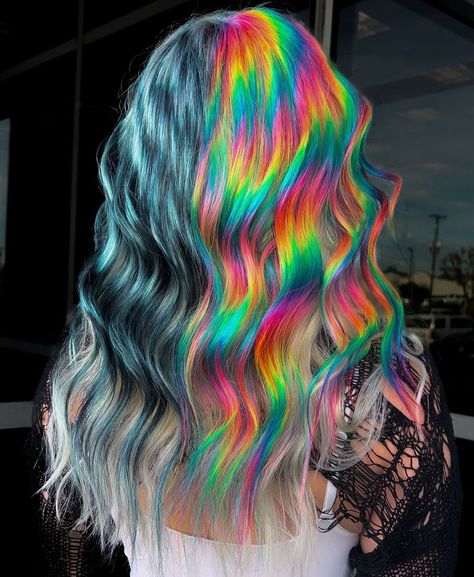 Image description: The back of a person's head, they have a blue, black, and white prism on the left side of their head and a rainbow prism on the right. Crazy Vivid Hair, Rainbow Hair Prism, Rainbow Prism Hair, Prism Hair Color, Oil Spill Hair, Prism Hair, Neon Hair Color, Hair Color Placement, Vivid Hair