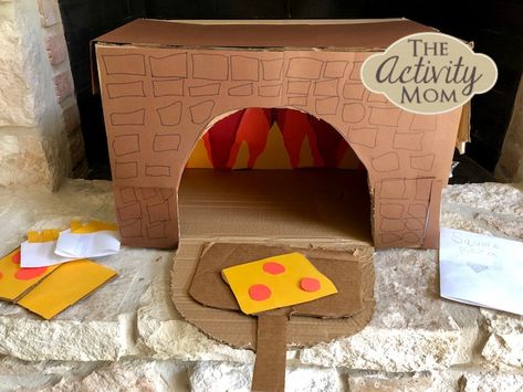 Make a Cardboard Box Pizza Oven  #pretendplay #cardboardbox #itsnotjustabox #craftsforkids #recycledcrafts #pizzaoven Recycled Crafts Kids Projects, Pizza Craft, Diy Pizza Oven, Recycled Crafts Kids, Cardboard Box Crafts, Cardboard Toys, Dramatic Play, Upcycled Crafts, Cardboard Crafts