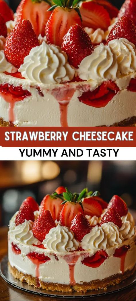 Cheesecake Birthday Cake Decoration, Best Strawberry Cheesecake Recipe, Fruit Cheesecake Recipes, Reese Pie, Strawberry Sauce For Cheesecake, Strawberry Cheesecake Recipes, Strawberry Topping For Cheesecake, Strawberries And Cream Cheesecake, Strawberry Cheesecake Dessert