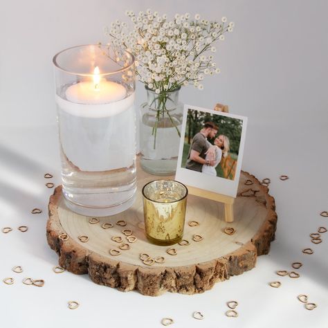 Wedding Table Centerpieces Rustic, Wooden Log Slices, Wedding Table Centrepiece, Pillar Vases, Rustic Table Centerpieces, Log Slice, Log Slices, Gold Vase, Confetti Wedding