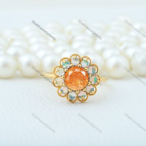 Vintage Sunstone Opal Ring 14K Yellow Gold Round Orange Unique Gemstone Engagement Rings for Women Opal Halo Promise Ring Gift for Her - Etsy Canada Unique Gemstone Engagement Rings, Promise Ring Gift, Gemstone Engagement, Natural Gold, Solid Gold Jewelry, Cute Rings, Fashion Hair, Unique Gemstones, Opal Ring