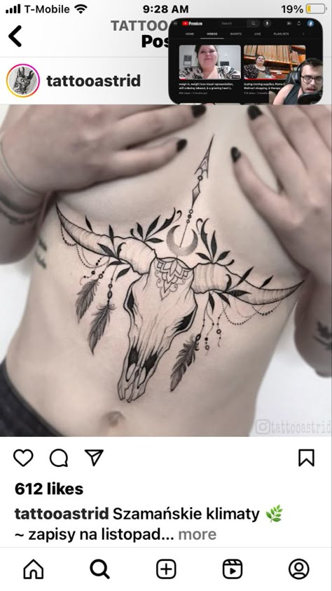 Western Underboob Tattoo, Bull Skull Tattoo Women, Big Sternum Tattoo, Western Tattoo Ideas For Women, Western Sternum Tattoo, Skull Sternum Tattoo, Underboob Sternum Tattoo, Under Breast Tattoo Ideas, Tattoo Ideas Underboob