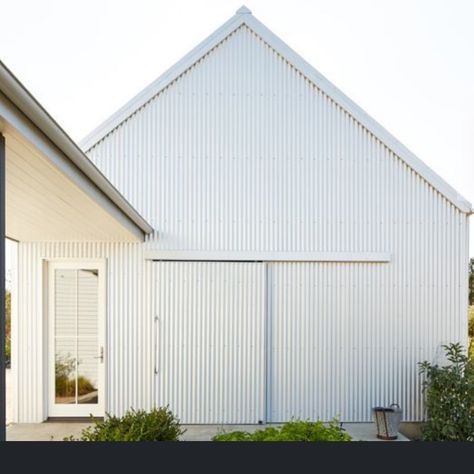 White Colourbond House, Surfmist Shed, Surfmist Colourbond, Colorbond Shed, Colourbond Surfmist, Colourbond House Exterior, White Vertical Siding, Corrugated Iron House, Queenslander Renovation