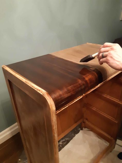 Painting Veneer Furniture, Vintage Art Deco Furniture, Veneer Furniture, Diy Furniture Repair, Refinish Wood Furniture, Waterfall Furniture, Refinished Vintage Furniture, Art Deco Bedroom Furniture, Waterfall Dresser