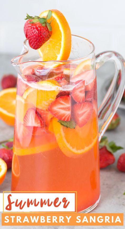 Homemade strawberry sangria is fruity, refreshing and made with only 7 ingredients! Gather up the juiciest strawberries, white wine, and a few other ingredients because you’ll want to make sangria punch whenever warm weather hits! #strawberrysangria #summersangria #sangriapunch Sangria Punch, Summer Sangria Recipes, Strawberry Sangria, How To Make Sangria, Drinks Smoothies, Sangria Recipe, Healthy Drinks Smoothies, Boozy Drinks, Mixed Drinks Recipes