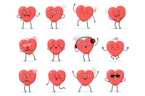 Cartoon heart character. Cute love symbols with faces different poses, hands and feet, february romantic holiday signs, funny positive emotions, internet emoji stickers, emoticon vector isolated set Poses Hands, Heart Character, Holiday Symbols, Cartoon Heart, Romantic Holiday, Different Poses, Heart Face, Emoji Stickers, Face Characters