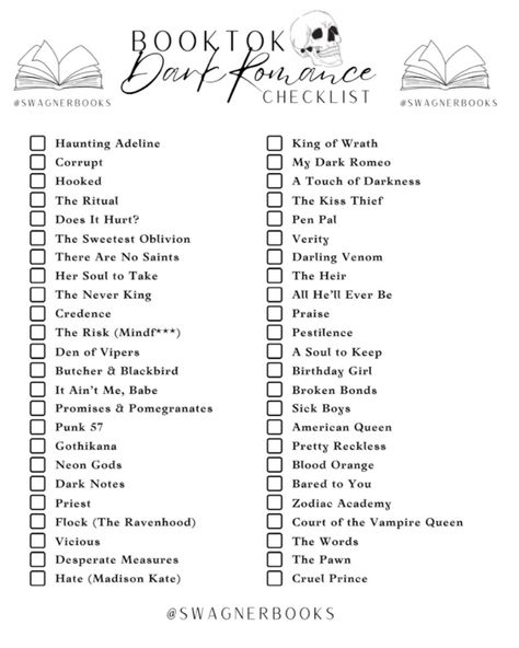 Romance Books Checklist, Dark Romance Book Checklist, Booktok Reading List, Smüt Books List, Booktok Dark Romance Checklist, Abc Book Challenge, Spicy Book Recommendations List, Dark Romance Checklist, Dark Romance Books Checklist