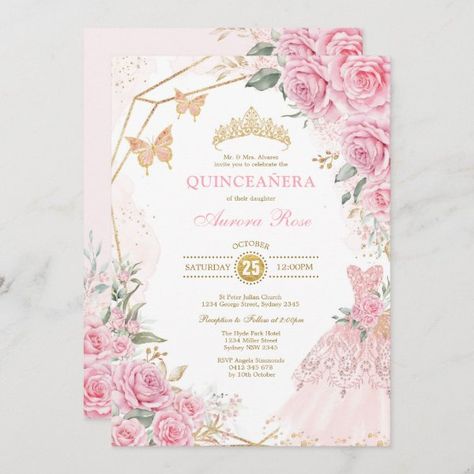 Pretty Quinceañera Pink Gold Roses Quince Princess Invitation Invitations Quinceanera, Quinceanera Bouquet, Quinceanera Pink, Princess Invitation, Quince Invitations, Princess Birthday Invitations, Princess Invitations, Rose Gold Dress, Gold Roses