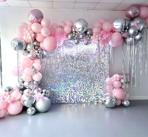 Pink And Grey Party Theme, Silver Pink And White Birthday Party, Pink White Silver Party, Sweet 16 Decorations Pink And Silver, Pink Gold And Silver Birthday Party, Pink And Grey Party Decorations, Pink White Silver Balloon Garland, 21st Birthday Pastel Theme, Pink And Grey Birthday Decorations