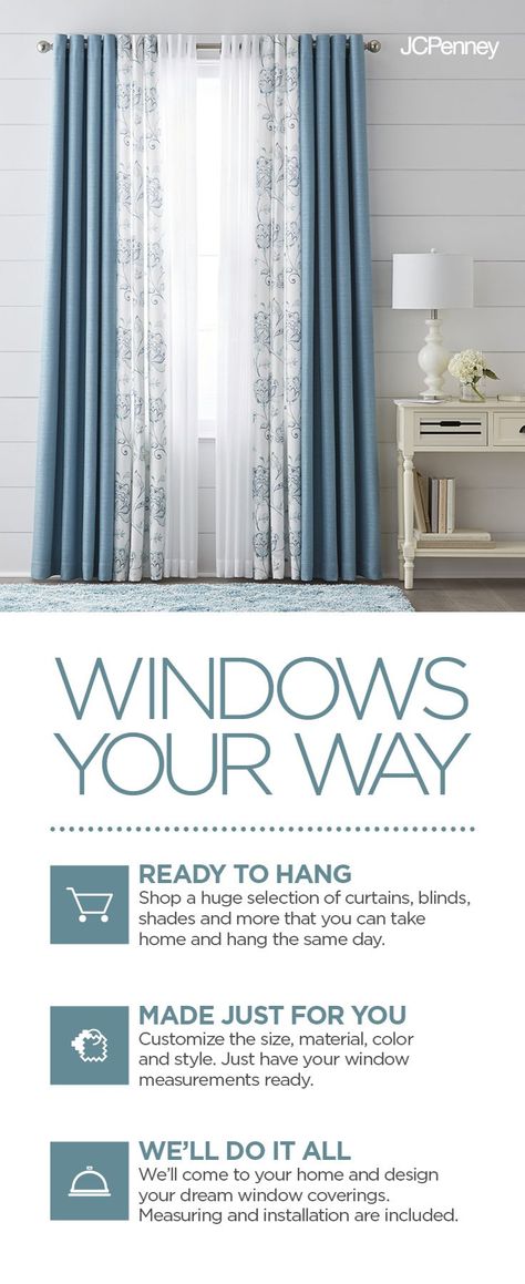 Windows are the statement pieces of your home. Floor-to-ceiling windows are dramatic all on their own, while smaller windows can be amped up to provide the same effect. Whether you have décor already in mind or you need help revamping your windows and window treatments, consider JCPenney when upgrading your home. With a large selection of curtains, blinds and shades, and window hardware, you’re sure to find draperies and coordinating curtain hardware that fits your space. Tenda Tutorial, Large Window Treatments, Window Treatments Living Room, Living Room Curtains, Living Room Decor Curtains, Room Curtains, Trendy Living Rooms, Curtains Living, Curtain Hardware