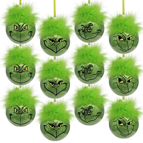 PRICES MAY VARY. SUPER VALUE SET: The unique Grinchmas Christmas tree decorations set comes with 12 pcs tree ornaments with Grinchmas faces in 4 styles. Each ornament has cute fuzzy green hair on the top, which will give you a joy and fun Christmas atmosphere. CUTE ORNAMENTS: These Grinchmas tree ornaments have cute expression on glitter green ball, which is stylish and beautiful. Make your Christmas tree and holiday party decorations fashionable and unforgettable. PERFECT DECORATION FOR TREE: E School Office Decor, Christmas Decorations Indoor, Xmas Balls, Elf Christmas Decorations, Fireplace Garland, Grinch Christmas Tree, Grinch Christmas Decorations, Elf Christmas Tree, Grinch Ornaments