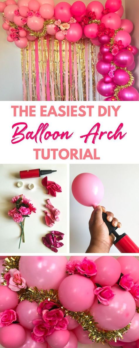 Decorate your next party with a gorgeous pink ombre DIY Balloon arch with flowers. Style this cheap DIY balloon arch as a backdrop or on the wall at your next birthday party, baby shower or wedding. Discover how to make a balloon arch without helium your guests with love with my easy step-by-step tutorial. #diyballongarland #diyballoonarch #balloondecorationideas #weddingballoons #birthdayparty #diybackrop #diyphotobackdrop Diy Party Decorations For Adults, Balloon Arch With Flowers, Arch With Flowers, Make A Balloon Arch, Pink Balloon Arch, Diy Balloon Arch, Balloon Arch Diy, Baby Shower Balloon Arch, Arch Balloon