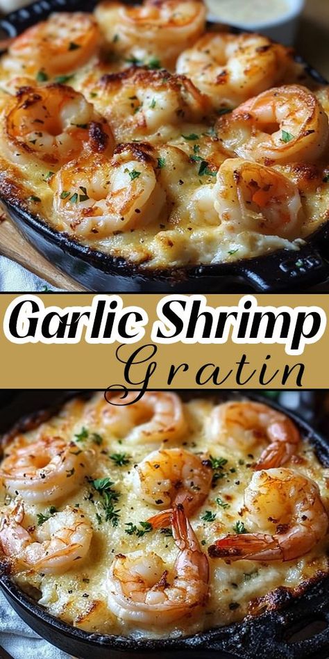 Cheesy, golden, and absolutely irresistible! This Garlic Shrimp Gratin is a quick and easy way to impress your guests or treat yourself to something special 🌟🦐. #ShrimpRecipes #CheesyBakes #EasySeafood #GarlicGratin Shrimp With Bowtie Pasta, Easy Shrimp Dinners For Two, Yummy Shrimp Recipes Dinners, Seafood Comfort Food Recipes, Easy Meal With Shrimp, Garlic Shrimp Bake, Garlic Shrimp Au Gratin, Keto Shrimp Recipes Main Dishes, Simple Shrimp Dishes