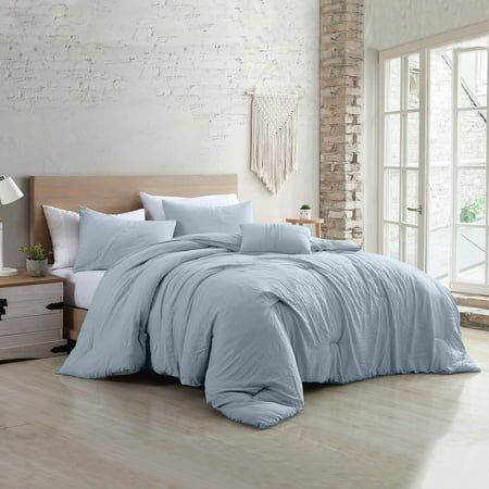 Soft texture and easy living are what we crave these days; a relaxed atmosphere allows us to take a deep breath! The Beck adult unisex bedding set is exactly what you need! This set includes one pre-washed comforter, 2 pillow shams, and a decorative pillow. The four-piece bedding set is packaged in a reusable self-bag, of the same material, that is usable as a tote! The 100% pre-washed microfiber is machine washable and dryer-safe for easy care. This set is perfect for Size: Full/Queen.  Color: Blue. Linen Comforter, Blue Comforter, Future Room, Twin Comforter, Cotton Bedding Sets, King Comforter Sets, Comfortable Bedroom, Queen Comforter Sets, Décor Boho