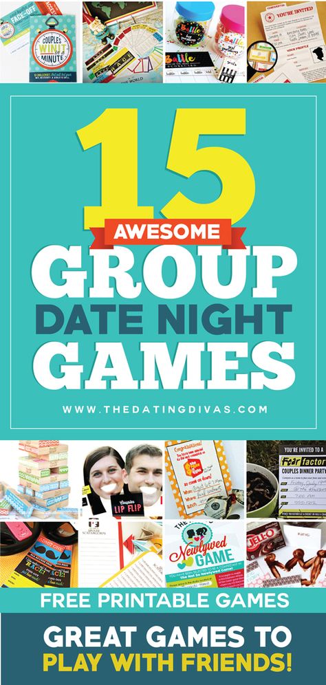 15 Awesome Group Date Game Ideas (Free Printables Included) Group Date Ideas, Couples Ministry, Couples Games, Adult Game Night, Couples Game Night, Date Night Games, Geek House, Game Night Parties, Group Dates