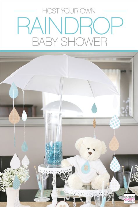 | “Let It Rain!” Raindrop Baby Shower Ideas | http://soiree-eventdesign.com Umbrella Centerpiece, Raindrop Baby Shower, Rain Baby Showers, Umbrella Baby Shower, April Baby Shower, Rain Baby, Mesas Para Baby Shower, Umbrella Decorations, Sprinkle Shower