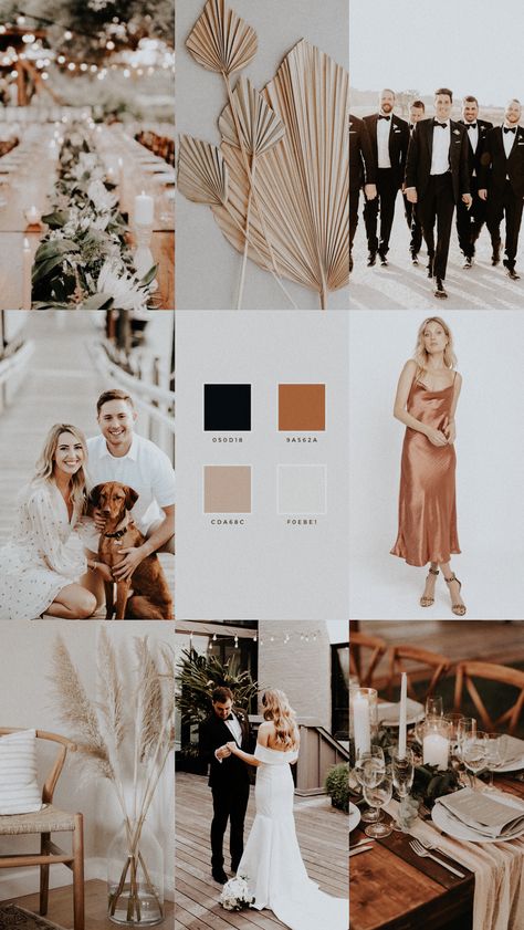 Wedding Ideas Rustic Elegant Bridesmaid Dresses, Modern Rust Wedding, Tan Wedding Theme Color Schemes, Wedding Decor Neutral Colors, Black And Beige Boho Wedding, Wedding Attire Mood Board, Neutral Color Scheme Wedding, Champagne Brown Wedding Theme, Copper And Beige Wedding