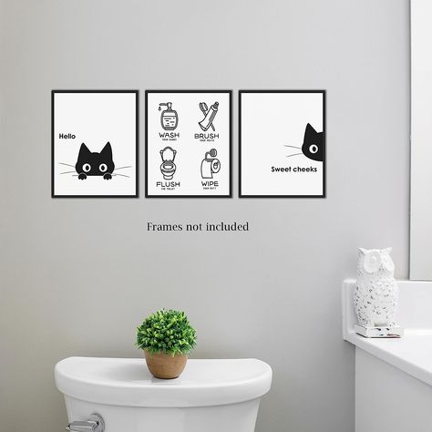 Cat Themed Bathroom Decorating Ideas, Cat Theme Bathroom, Cat Themed Bathroom, Cat Pictures Funny, Cute Cat Pictures, Cat Bathroom, Black And White Wall Decor, Black Bathroom Decor, Cute Bath Mats