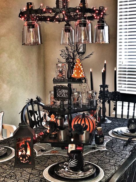 Halloween Tablescape 2022! Thank you @michaelsstores @homegoods for providing unique fun products that make decorating fun and affordable! Halloween Table Ideas, Halloween Themed Bedroom, Simple Table Decorations, Halloween Table Settings, Table Halloween, Halloween Tablescape, White Spider, Spooky Trees, Halloween Lanterns