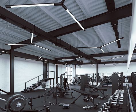 Gym Ceiling, Gym Warehouse, Black And White Gym, Ruang Gym, Commercial Gym Design, Gym Designs, Warehouse Gym, Gym Plans, Home Made Gym