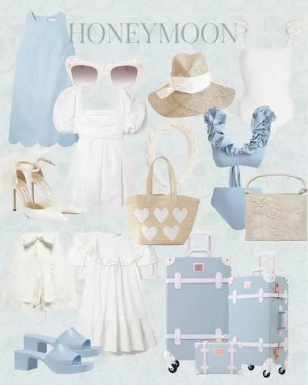 Blue and white honeymoon picks for the bride! Beach vacation outfits Spring trends Cruise Honeymoon Outfits, Italy Honeymoon Outfit, Honeymoon Outfits Dress To Impress, Honey Moon Outfit, Honeymoon Outfits Tropical, Romantic Honeymoon Outfits, Beach Honeymoon Outfits, Honeymoon Dress To Impress, Honeymoon Accessories