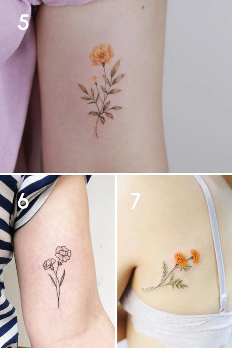 October Birth Flower Tattoo Ideas {Marigolds + Cosmos} - TattooGlee Marigold Tattoo Behind Ear, Marigold Minimalist Tattoo, October Birth Flowers Tattoo, Small Marigold Tattoo, Cosmos Flower Tattoo October, Marigold Flower Tattoo Small, Marigold Tattoo October, Cosmos Tattoo Flower, Cosmos Flowers Tattoo