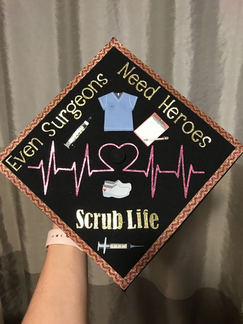 Surgical Tech Cap Ideas, Surgical Graduation Cap, Operating Room Nurse Graduation Cap, Cardiovascular Graduation Cap, Surgical Technologist Student Graduation, Surgical Tech Cap Decoration, Surgical Technologist Graduation Cap, Surgical Tech Photoshoot, Surg Tech Grad Cap