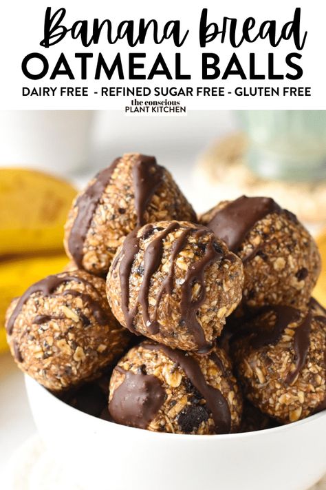 These peanut butter banana energy bites with chocolate chips are healthy breakfast on the go or post-workout energy bites to refuel with healthy carbs and plant-based protein. Banana Oat Balls, Banana Energy, Conscious Plant Kitchen, Peanut Butter Banana Oats, Protein Powder Cookies, Oat Balls, Energy Balls Healthy, Healthy Breakfast On The Go, Dairy Free Snacks