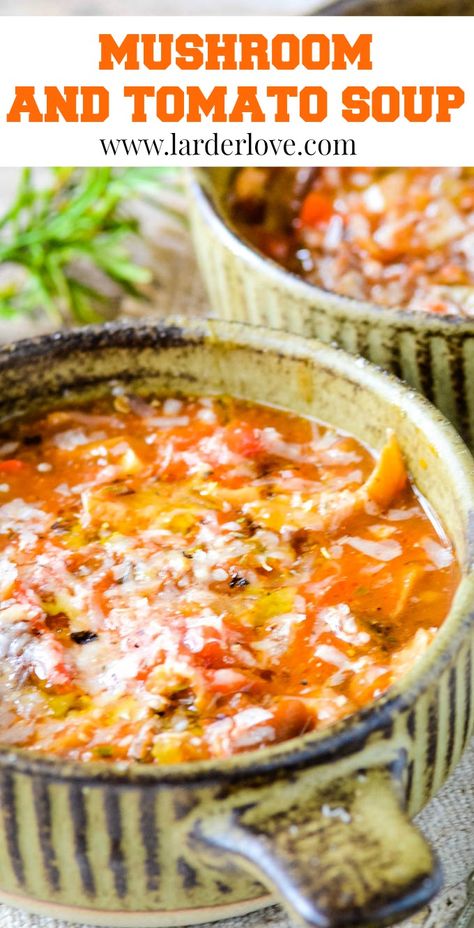 Italian inspired mushroom and tomato soup is rich and full of flavour. #mushroomsoup #tomatosoup #soup #winterwarmers #comfortfood #larderlove Soup For Fall, Mushroom Barley Soup, Creamy Tomato Basil Soup, Winter Warmers Recipes, Mushroom Soup Recipes, Tomato Bisque, Crockpot Soup Recipes, Spinach Soup, Italian Soup