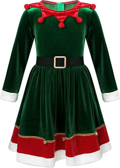 Green Christmas Dress, Christmas Dance Costumes, Velvet Christmas Dress, Clown Collar, Xmas Party Dresses, Kids Christmas Dress, Xmas Costumes, Winter Mode Outfits, Elf Dress