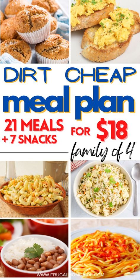 Looking for tips for cheap meal planning? Check out this $18 per week budget meal plan. Included is a printable cheap grocery list for two or more. You'll also get 7 breakfasts, 7 lunches, 7 dinners and 7 snacks options. cheap meals, cheap meal plans, cheap meals for one, cheap meals for two, cheap meal plans for two, cheap meal plans families, cheap meal planning families, cheap grocery list, cheap grocery list for one, cheap gorcery list families, cheap grocery list for families #budgetmeals Cheap Grocery List For Two, Grocery List For Two, Cheap Dinners For A Family, Cheap Grocery List, Dirt Cheap Meals, Cheap Meal Plans, Frugal Meal Planning, Cheap Family Meals, Meal Planning Menus