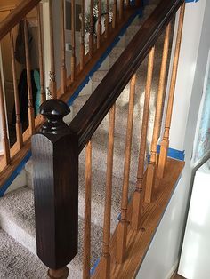 Two Toned Staircase Banisters, Java Gel Stain Staircase, Gel Stain Banister Stairs, Gel Stain Stair Rail, Replacing Handrail On Stairs, Refinish Oak Stair Railing, How To Paint Banister, Staining Stair Rail, Painting Wood Banister