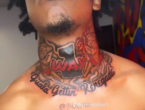 No Love Neck Tattoo Men, Neck Piece Tattoo Men, Throat Tattoo Designs Men, Hood Face Tattoo, Male Throat Tattoo, Black Male Neck Tattoos, Chosen 1 Tattoo Men Neck, Black Men Face Tattoos, Hard Neck Tattoos For Men