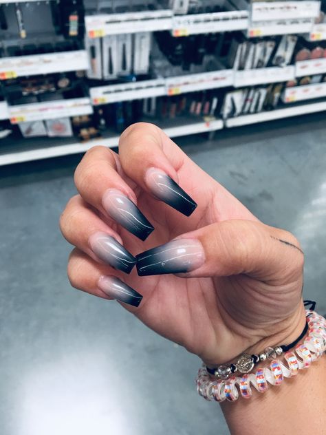 Witch Nails Acrylic Coffin, Gray And Black Ombre Nails, Witchy Nails Coffin Shape, Ombré Black Nails, Witchy Nails Coffin, Black And White Ombre Nails, Smokey Nails, Black Ombre Nails, Black Grey Ombre