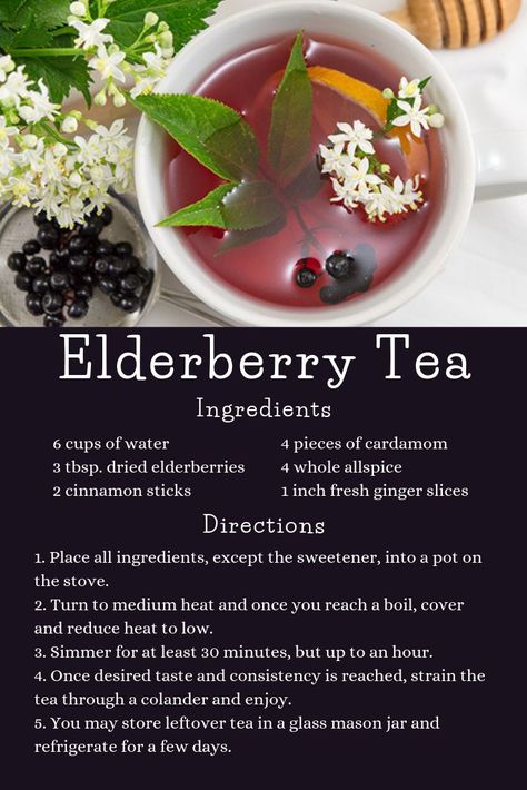 find our Elderberry Tea recipe here! Repin and save for later!   6 cups of water  3 tbsps. dried elderberries  2 cinnamon sticks  4 pieces of cardamom  4 whole allspice  1 inch fresh ginger slices Elderberry Tea Recipe, Herbal Tea Recipes Homemade, Healing Teas, Elderberry Tea, Tea Blends Recipes, Herbal Tea Garden, Elderberry Recipes, Tea Remedies, Tea Drink Recipes