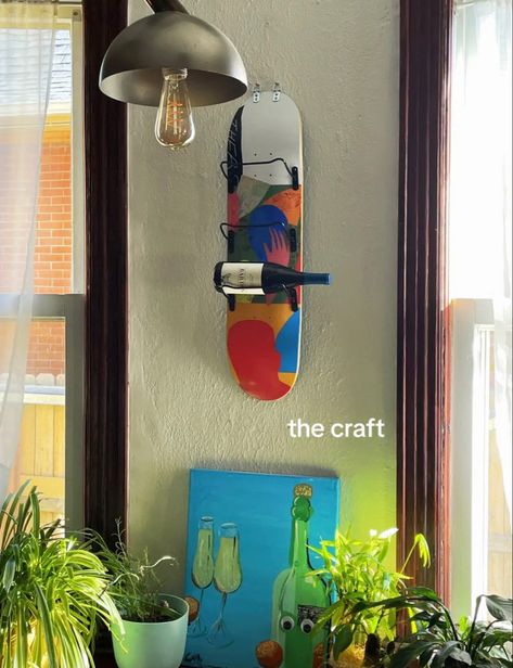 Skateboard Wine Rack, How To Hang Skateboards On Wall, Skateboard Home Decor, Painted Skateboard Aesthetic, Skateboard Decor Ideas, Diy Wine Rack Wall, Diy Skateboard Art, Mounted Skateboard, Skateboard Painting Ideas