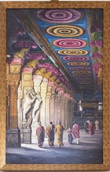 Madurai Meenakshi Temple Drawing, Tamil Temple Art, Temple Wall Background, Meenakshi Temple Drawing, Tamil Art Paintings, South Indian Temple Painting, Tamil Traditional Art, Temple Asethic, Hindu Temple Painting