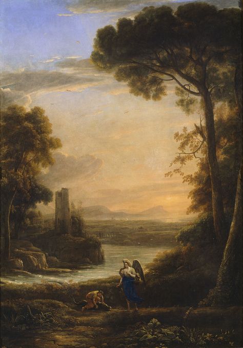 Paisaje con Tobías y el Arcángel Rafael - Paintings by Claude Lorrain - Wikimedia Commons Baroque Artworks, Archangel Raphael, Baroque Art, A4 Poster, Vintage Artwork, Art Movement, Prado, Gifts In A Mug, Landscape Art