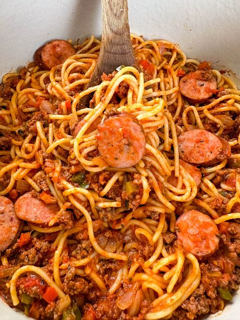 Spaghetti Recipes Sausage, Andouille Sausage Spaghetti, Spicy Sausage Spaghetti, Kabasa Sausage Spaghetti, Spaghetti With Andouille Sausage, Spaghetti Recipes With Ground Beef And Sausage, Italian Sausage And Marinara Sauce, Spaghetti With Smoked Sausage, Spaghetti With Ground Beef And Sausage