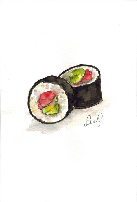 Food Drawing Sushi, Drawing Of Sushi, Sushi Watercolor Painting, Sushi Drawing Cute, How To Draw Sushi, Meat Drawing Easy, Sushi Art Drawing, Sushi Drawing Easy, Watercolor Paintings Food