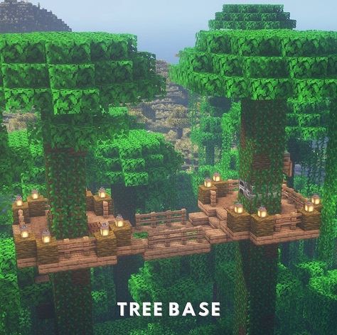 Treehouse Base Minecraft, Treehouse Minecraft Ideas Jungle, Minecraft Tree Bridge, Minecraft Treehouses Jungle, Minecraft Treehouse Village, Minecraft Jungle Village Ideas, Minecraft Jungle Bridge, Minecraft Tree Base, Jungle Biome Minecraft