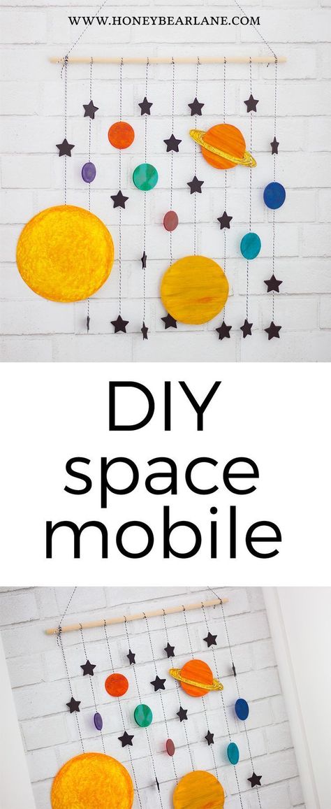 Make your boys room space themed with this cute DIY space mobile craft--takes less than an hour, is inexpensive, and is super fun to make! DIY Space Mobile Craft. #craft #homedecor #homedecorideas Diy Solar System, Diy Crafts For School, Space Mobile, Space Crafts For Kids, Mobile Craft, Solar System Crafts, Sistem Solar, Diy Space, Pinterest Crafts