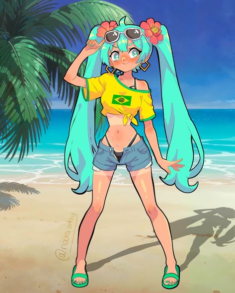 Hatsune Miku takes on Brazil with a samba beat and tropical vibes! 🇧🇷☀️🌴 I am hopping on the Hatsune Miku Brazilian trend … my version of it // // // // // // // // // // clip studio paint anime style cel shading style Vibrant digital art of Hatsune Miku in a Brazilian-inspired outfit featuring a yellow crop top with the Brazilian flag, denim shorts, and green flip-flops. Palm trees and a sunny beach backdrop complete the lively, tropical theme. Keywords: digital art, Hatsune Miku, Braz... Brazil Miku Art, Crop Top Outfits Drawing, Hatsune Miku Brazil, Brazilian Miku Art, Tropical Character Design, Brazilian Hatsune Miku, Character Hair Ideas, Yellow Green Outfit, Miku Brazilian